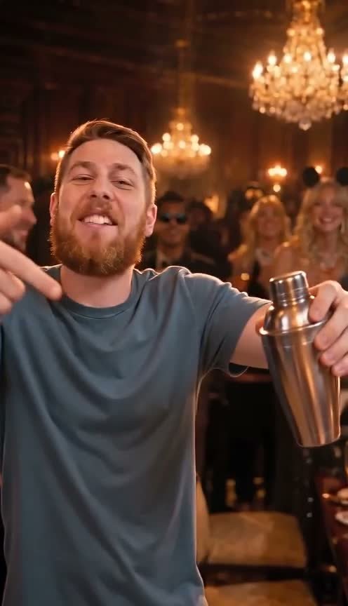 A Burning Bridges AI video still: a man in the chandelier-lit party scene from one photo